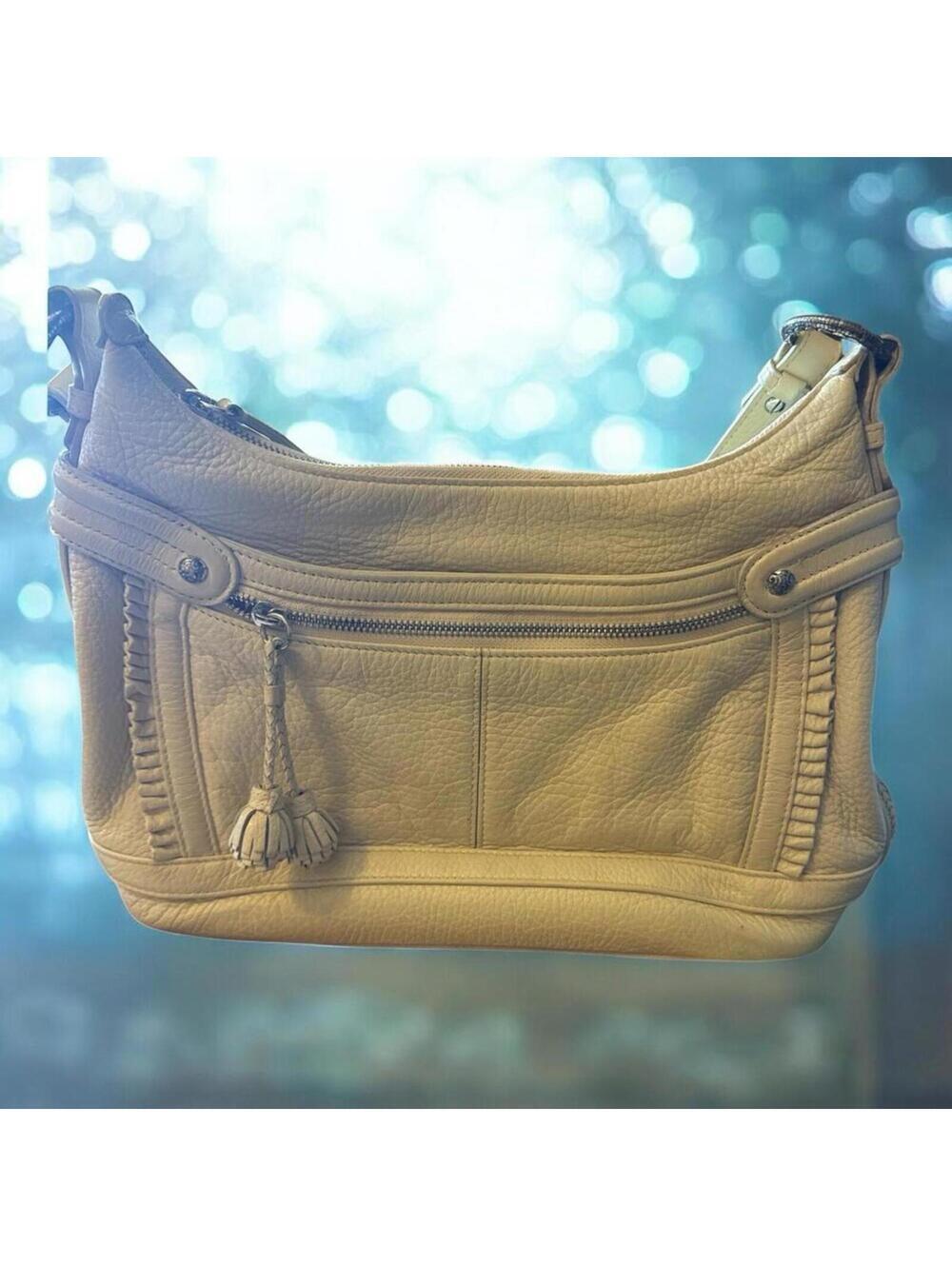 BRIGHTON DOMINIQUE Ruffles Tasseled Beige Leather Zip Top MG Shoulder Bag